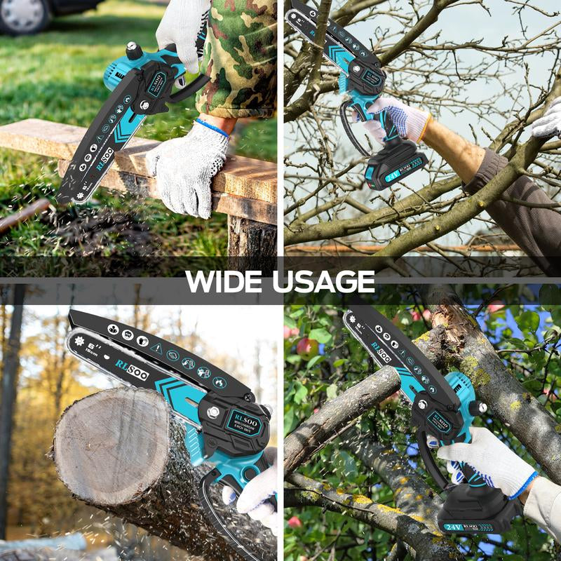 6-Inch Mini Chainsaw with Auto Oiler & Safety Lock, [2024 Upgrade] Cordless Electric Chainsaw for Branches, Wood Cutting, Yard & Garden (Includes 2 Batteries & 3 Chains)