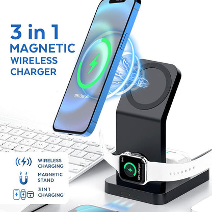 Magnetic Wireless Charger Stand，3 in 1 Fast Charging Station for Multiple Devices， for Apple Iphone 12 Pro Max/ Mini/12Pro/Airpods 2/Pro，Iwatch Series Compatible with Magsafe Case，With Qc3.0 Adapter