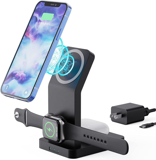 Magnetic Wireless Charger Stand，3 in 1 Fast Charging Station for Multiple Devices， for Apple Iphone 12 Pro Max/ Mini/12Pro/Airpods 2/Pro，Iwatch Series Compatible with Magsafe Case，With Qc3.0 Adapter