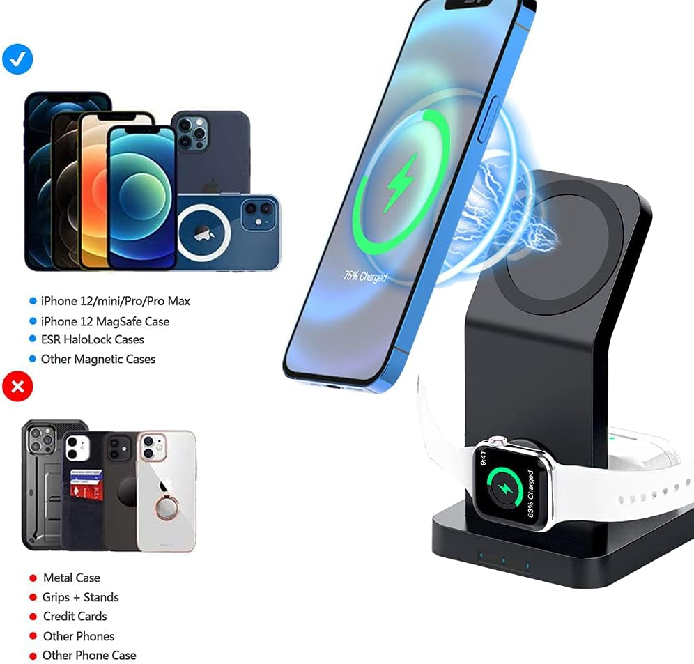 Magnetic Wireless Charger Stand，3 in 1 Fast Charging Station for Multiple Devices， for Apple Iphone 12 Pro Max/ Mini/12Pro/Airpods 2/Pro，Iwatch Series Compatible with Magsafe Case，With Qc3.0 Adapter