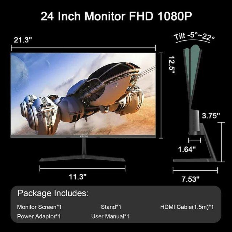 SANSUI Monitor 24 Inch 100Hz IPS 1080P Computer Monitor HDMI/VGA/HDR Tilt Adjustable/Vesa Compatible, for Game and Office (S24X3AF HDMI Cable Included) Laptop Laptop